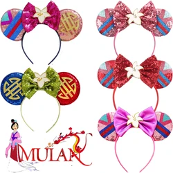 Disney Mulan Hair Bands For Girls Cosplay Cartoon Clothing Ears Hair Accessories Women Magnolia Flower Sequins Bow Headband Kids