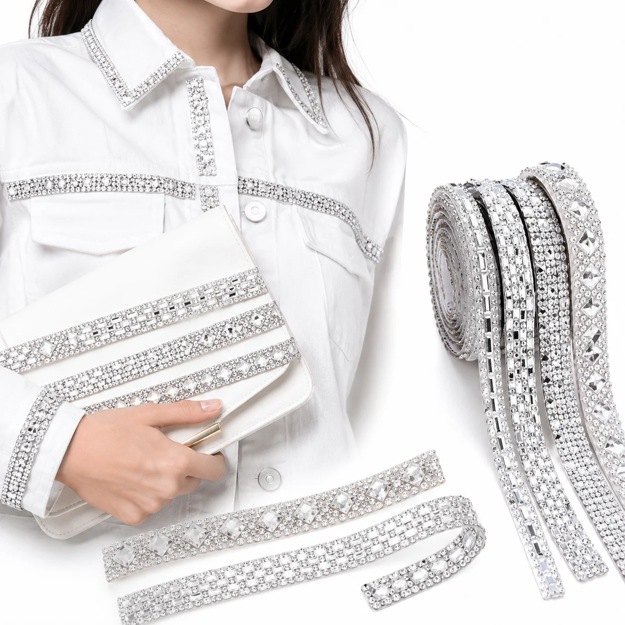 Selbstklebendes Strassband, Kristall-Bling-Klebestreifen für DIY-Bastelarbeiten, Schuhe, Taschen, Hochzeitsdekoration und Auto-Innenausstattung – Detail 5