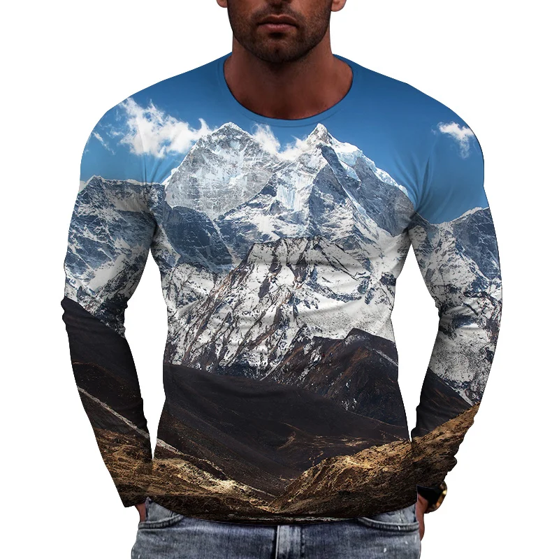 Snowy Mountain Pattern T Shirt For Men Scenery 3D Printed Tees Summer Casual Long Sleeves O-Neck Tops Loose Streetwear T-Shirt