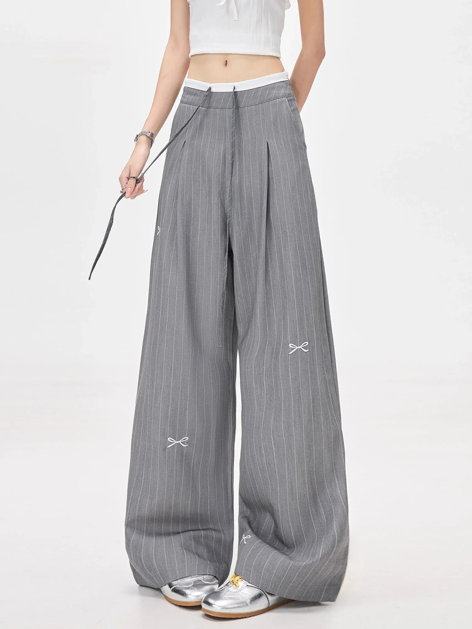 

Брюки Y2K в стиле Харадзюку, японский уличный стиль, с принтом бантиков и полосками, широкие, с высокой талией, свободного кроя, на шнуровке, повседневные