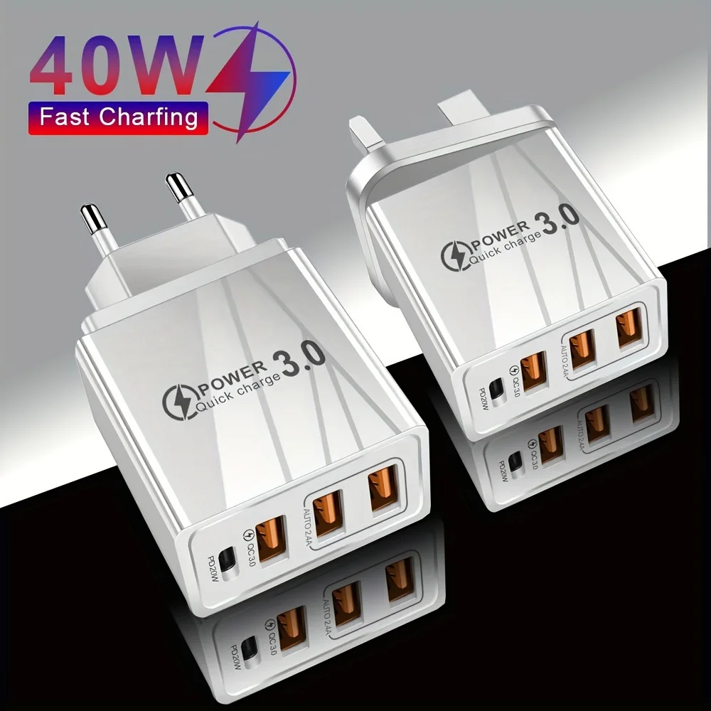 40W Charger with 3 USB Ports + 1 Type-C Port EU/UK/US Standards Multi-Port Charger with 0.3-meter Data Cable Mobile Accessories