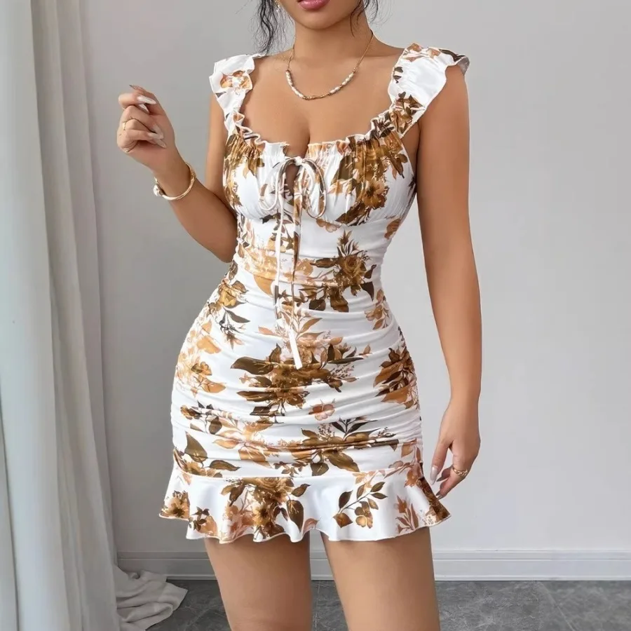 

【New style】New sexy 2026 women's clothing French summer - flower printing and dyeing dress retro waist slim short skirt
