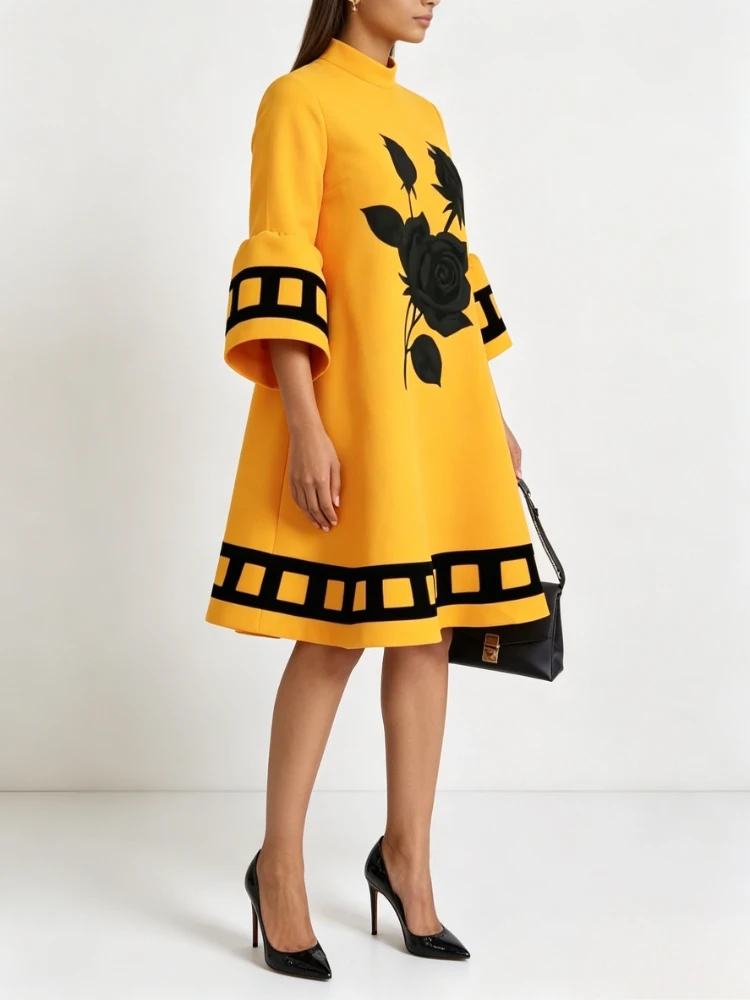 Modigirl Flower Print Loose Yellow Dresses for Women Autumn Winter Clothes Flared Sleeves Woman Midi Casual A-line Dress - Image 3