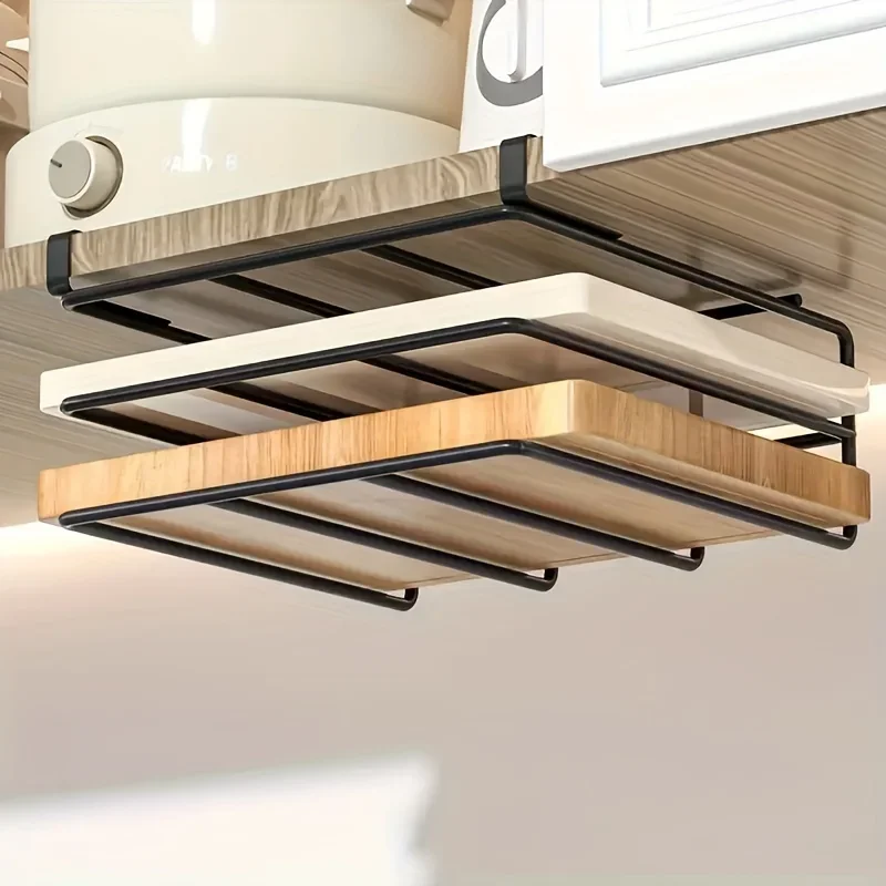 Kitchen Hanging Organizer Rack with Hooks Under Cupboard Paper Towel Rags Hanger Cutting Board Pot Cover Holder Storage Shelf