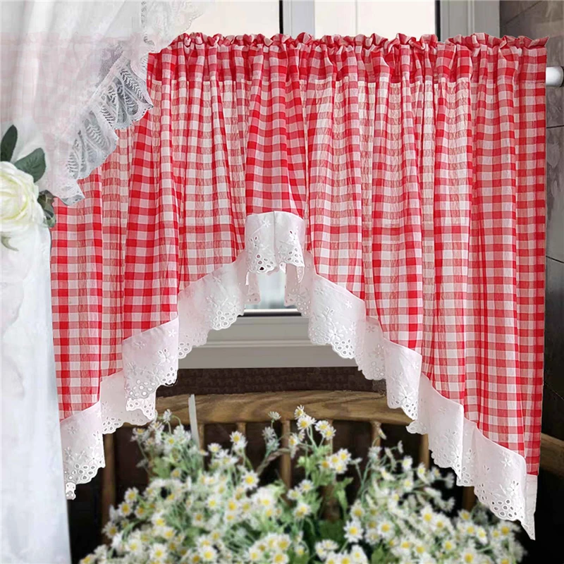 Korean Red Plaid Geometric Sheer Cafe Curtain with White Floral Embroidered Lace Rod Pocket For Kitchen Door Farmhouse Homestay