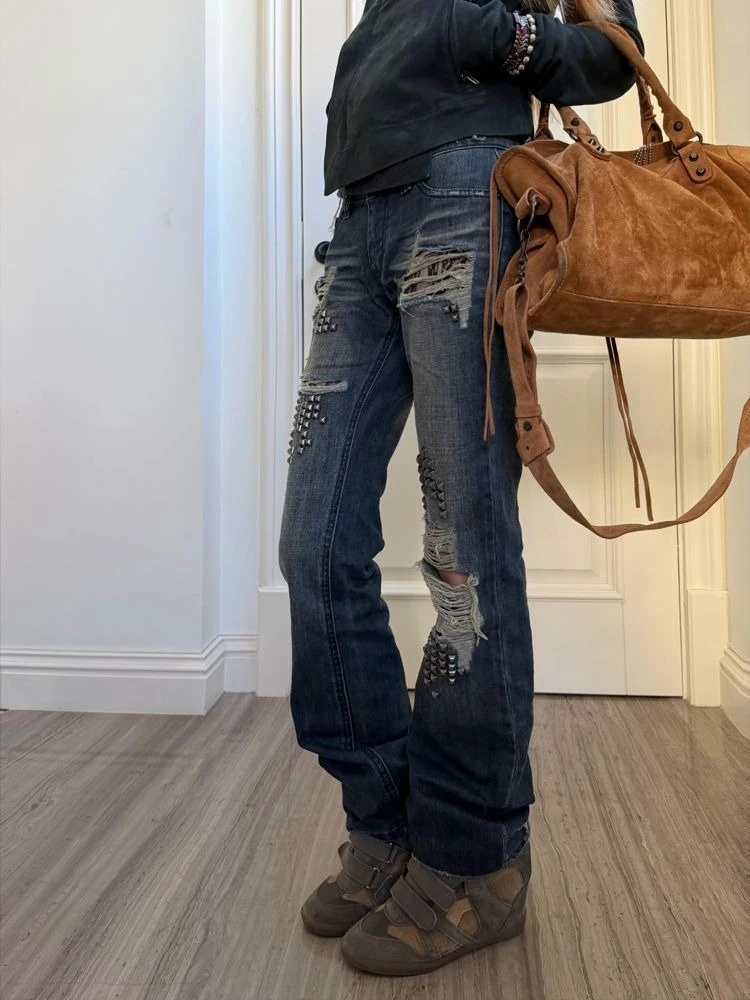 American Sexy Hot Girl Rivet Patchwork Jeans Distressed Vintage Washed Women Streetwear Y2k Retro Pants Slim Spring Summer