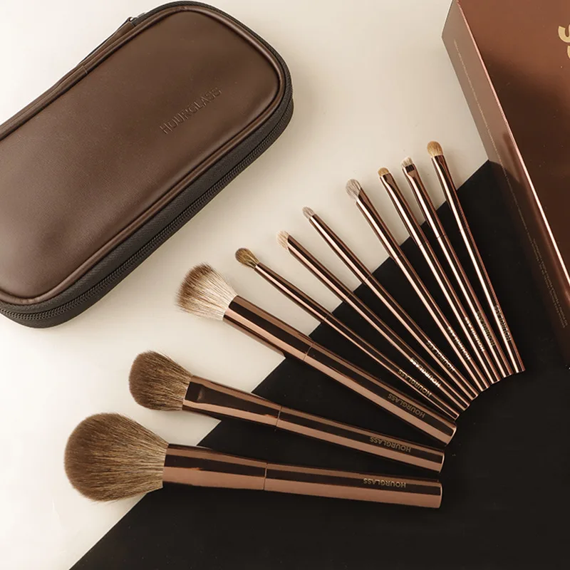 Hourglass Makeup Brush-2024New Luxury 10Pcs Natural Animal Hair Brushes Set-Blusher Powder Eyeshadow Foundation Brush-Beatuy