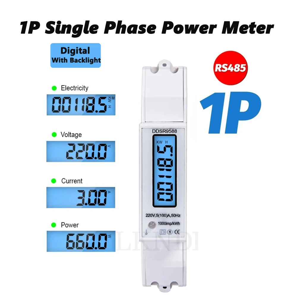 Vatímetro Digital multifuncional 1P, voltímetro, amperímetro, pantalla LCD de retroiluminación, medidor de KWH de Riel DIN, CA 230V 5-100A, modbus-rtu RS485