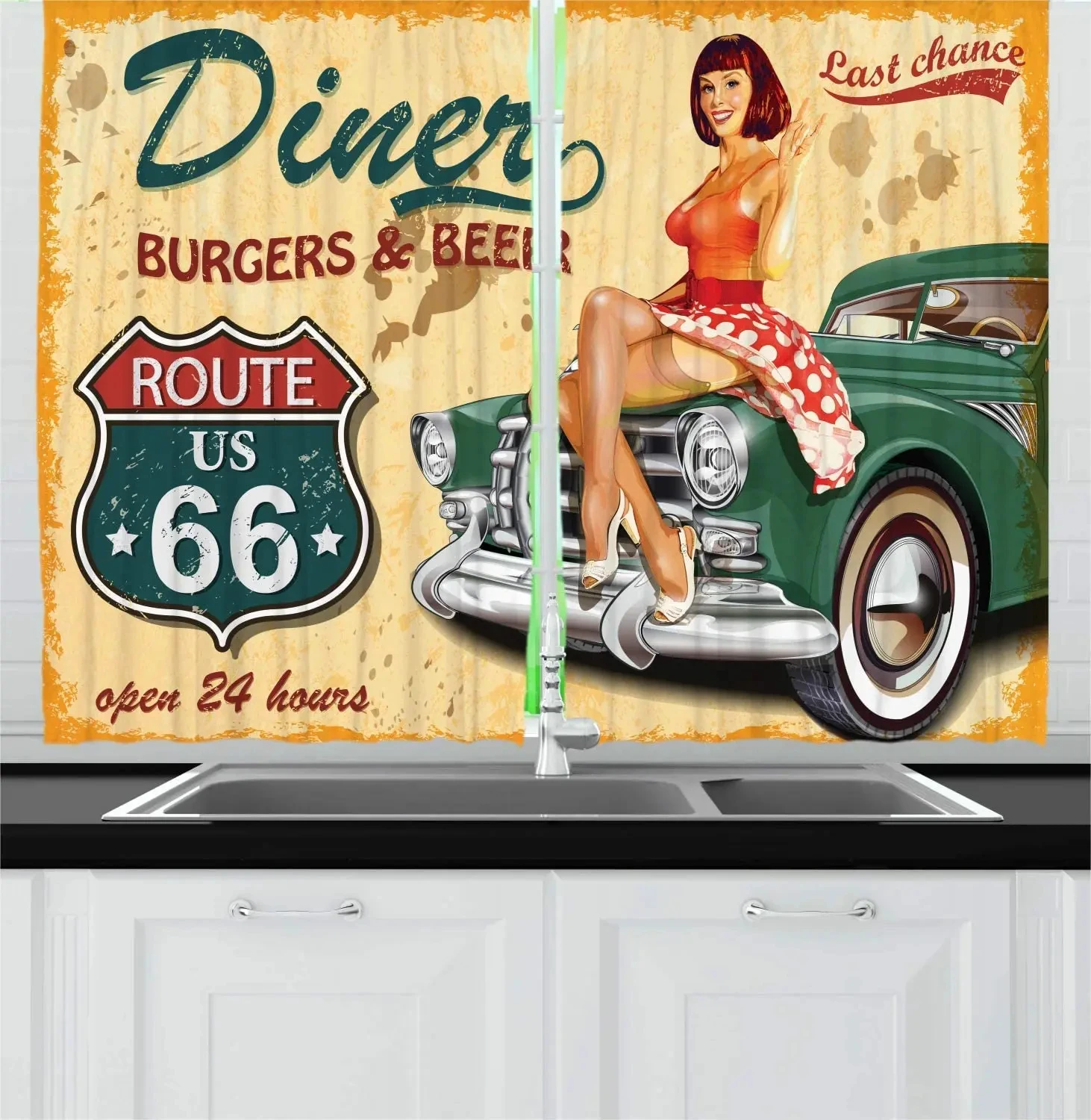 Route 66 Kitchen Curtain Beer Cafe Logo Women's Car Retro Curtains for Bedroom Home Window Treatments Curtains for Living Room