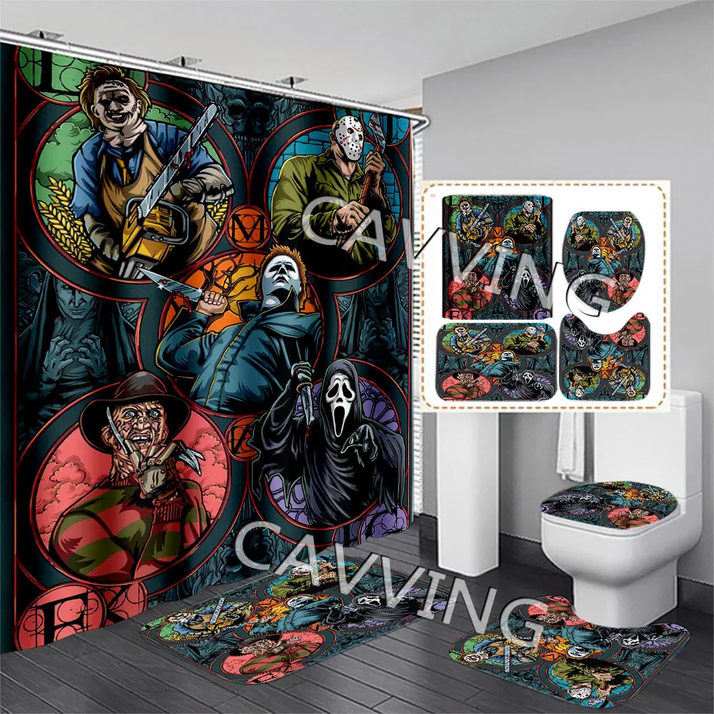 Horror Movies Characters 3D Printed  Shower Curtains Waterproof Bathroom Curtain Anti-slip Bath Mat Set Toilet Rugs Carpet   F01