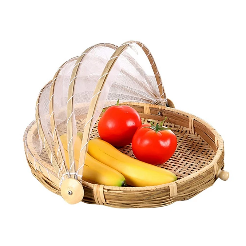 Comida de bambu comida servindo tenda cesta mão-tecido cesta servindo à prova de poeira redonda cesta de piquenique frutas vegetais pão durável a