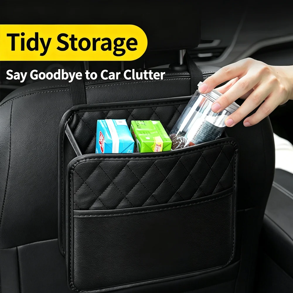 

Car Seat Back Leather Organizer Bag Multi-Functional Storage with Garbage Can & Trash Bag Holder for Most Cars