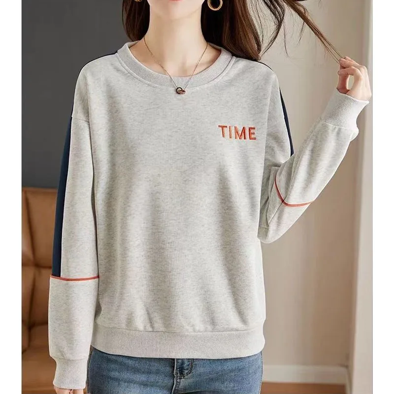 New Autumn Fashion Trend Letter Embroidery Splice Round Neck Loose Versatile Reducing Age Slim Women\'s Long Sleeve Sweater