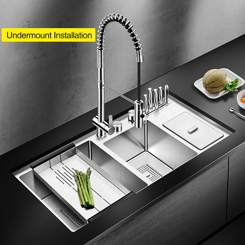 ASRAS Two Bowl Kitchen Sink 304 Stainless Steel 4mm Thickness Handmade Brushed Large Size Sinks With Trash Can And Knife Holder