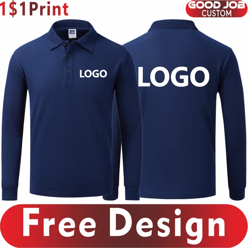 Polo de manga comprida masculina e feminina, Logotipo personalizado da empresa, Lapela de negócios, Estampado, Team Design, Casual, Cor sólida,