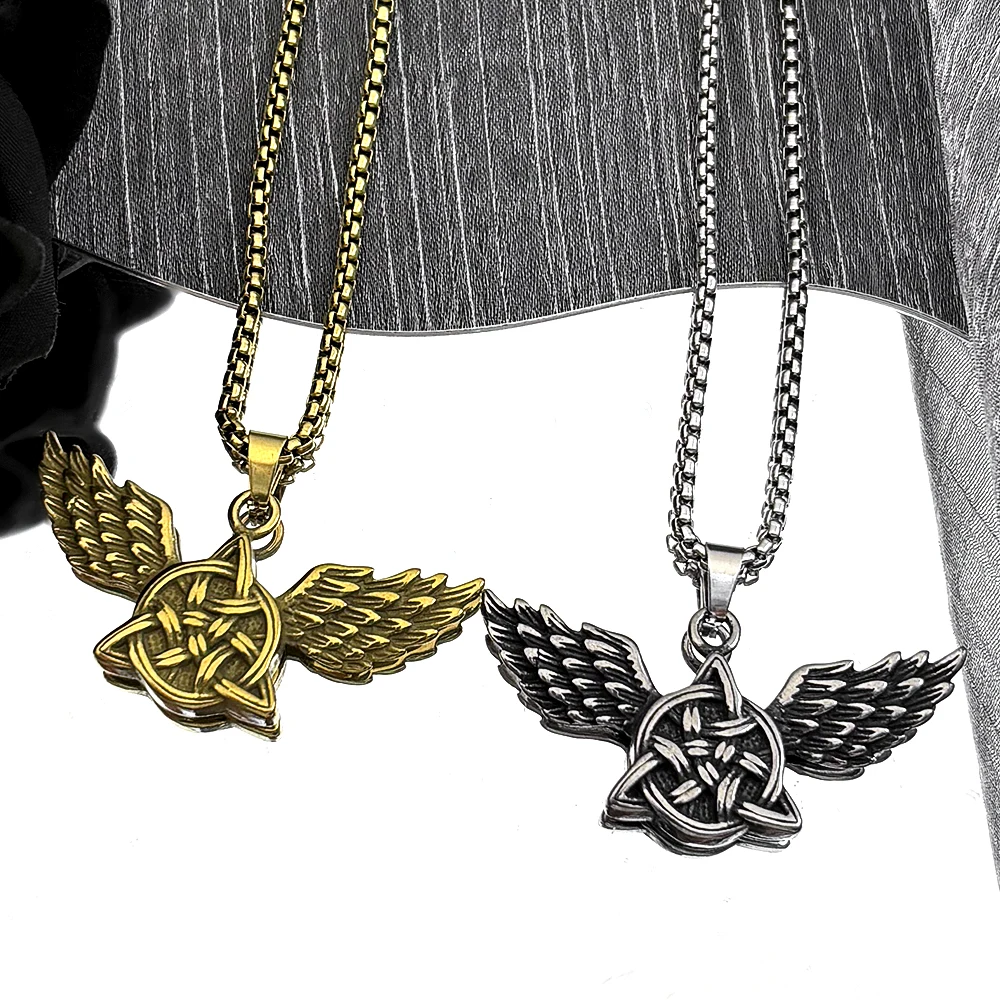 

Witch Triquetra Trinity Celtic Knot Angel Wing Pendant Necklace for Women Men Stainless Steel Gold Color Chain Necklace Jewelry