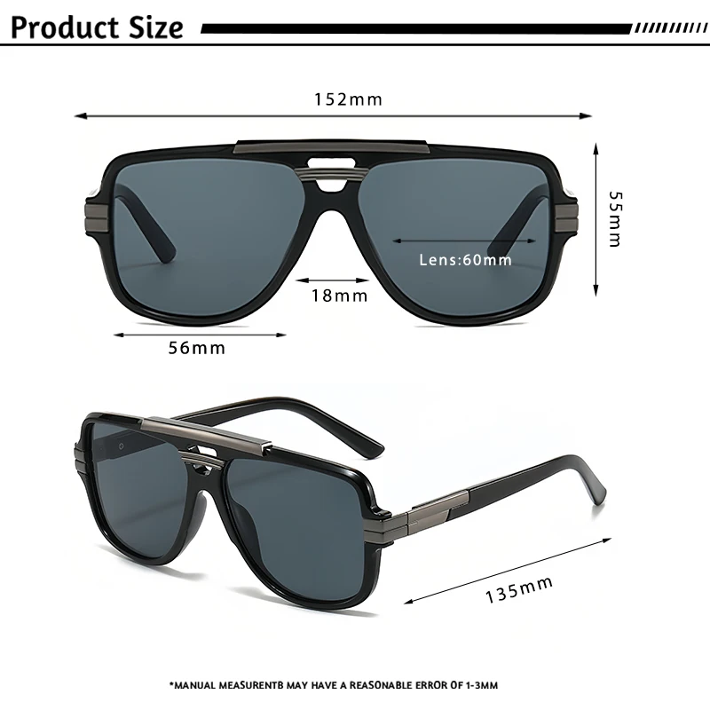 CATERSIDE Retro Square Big Frame Sunglasses Men Flat Top Double Bridge Pilot Punk Sun Glasses Women\'s Party Travel Eyewear UV400