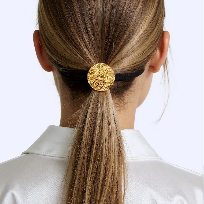 PRISCA |   Ikat Rambut Elastis Baja Anti Karat Baru untuk Wanita, Scrunchie Logam Hitam, Tali Rambut Kuncir Kuda Emas Grosir