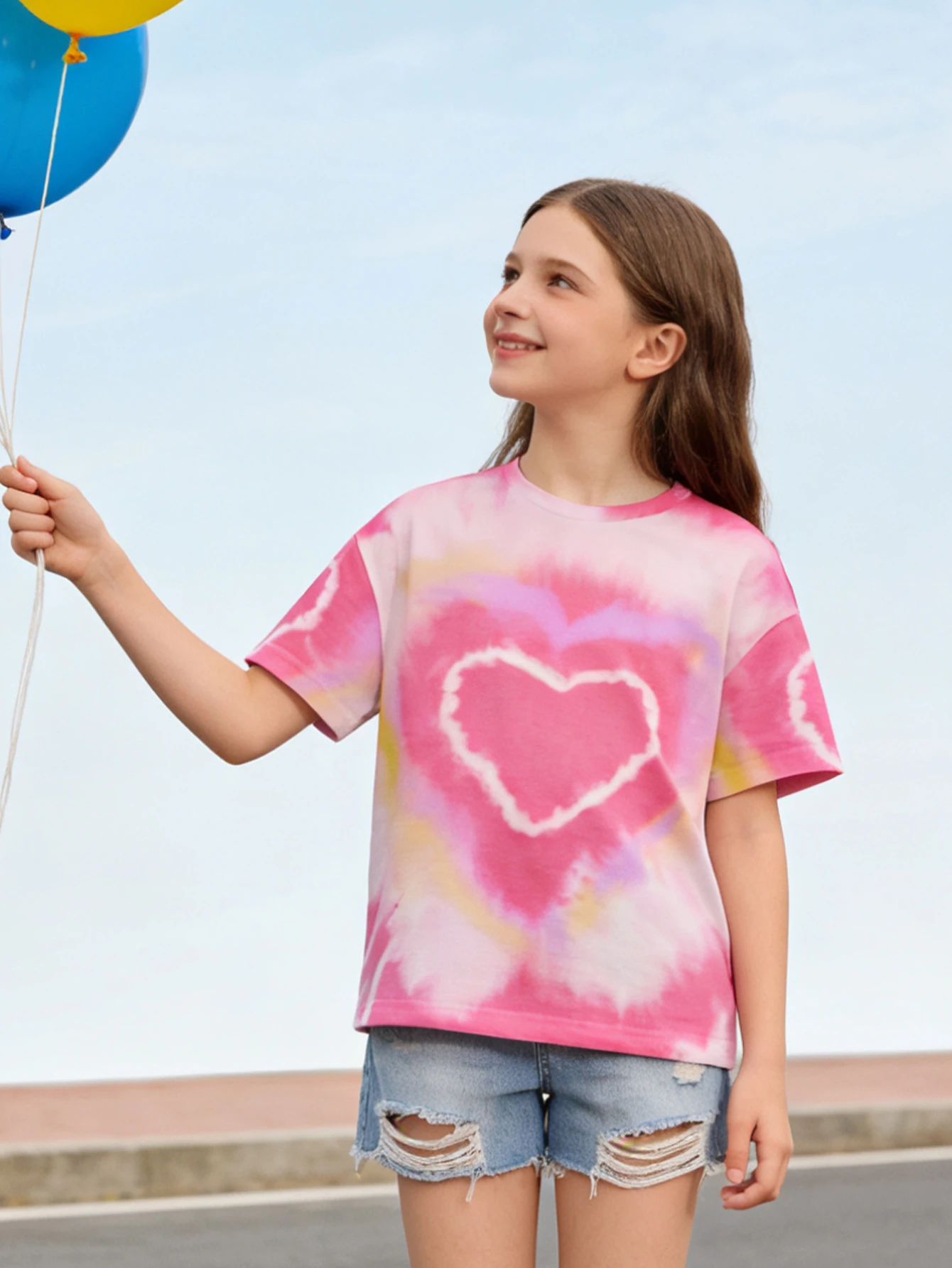 2026 Girls Tie-Dye Love Print Short Sleeve T-Shirt Loose Summer Casual Fashion Top