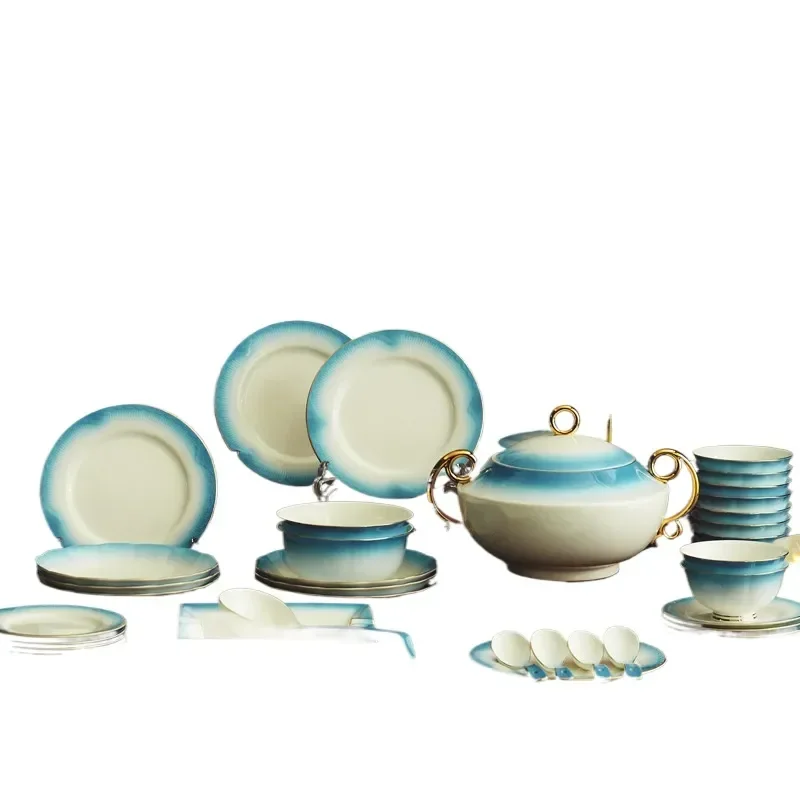 Hand Painted Gold European Style Simple Ceramics Dish Set Bowl Combination Bone China Tableware Household