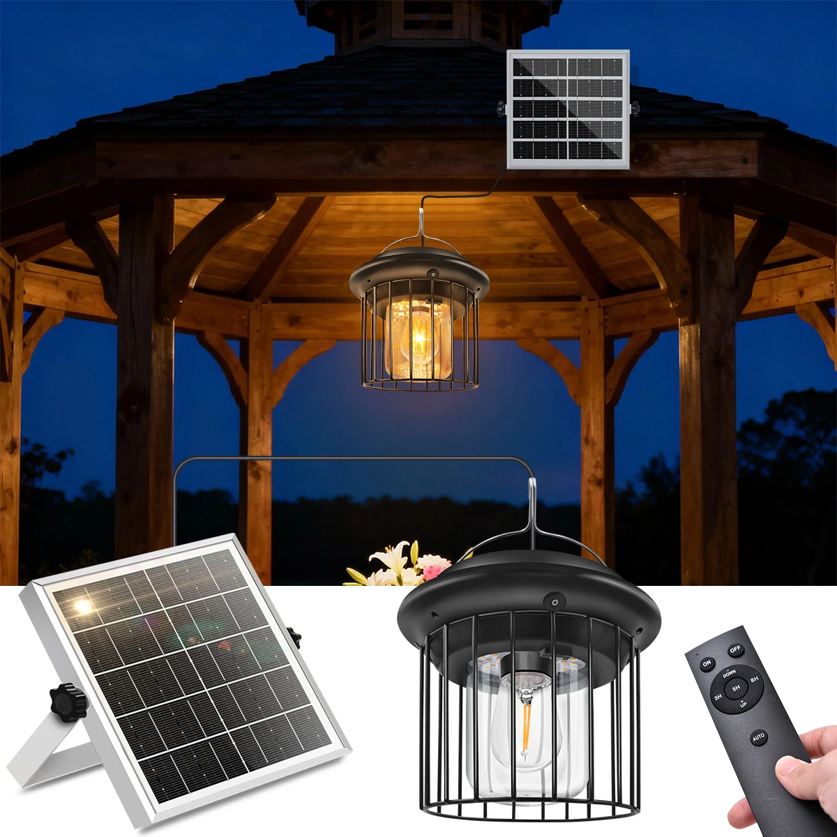 

Solar Powered Hanging Lantern with Remote Control Dimmable 3 5 8 Hours Timer 5M Cable for Courtyard Patio Gazebo Barn Garage