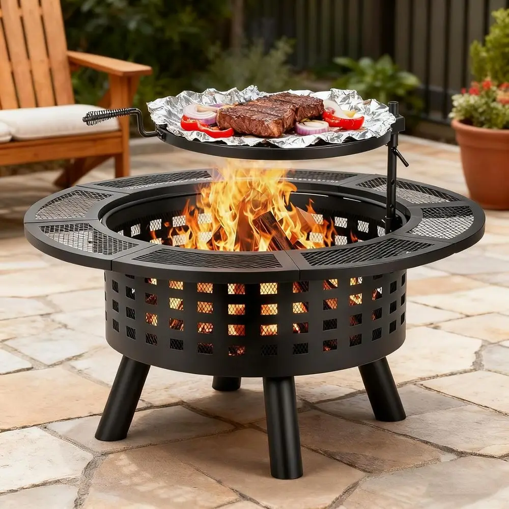 

36 inch Outdoor ire Pit with Grill,Wood Burning ire Pits or Outside with Lid & ire Poker,Metal 3-in-1 irt Table with Cooking Gra
