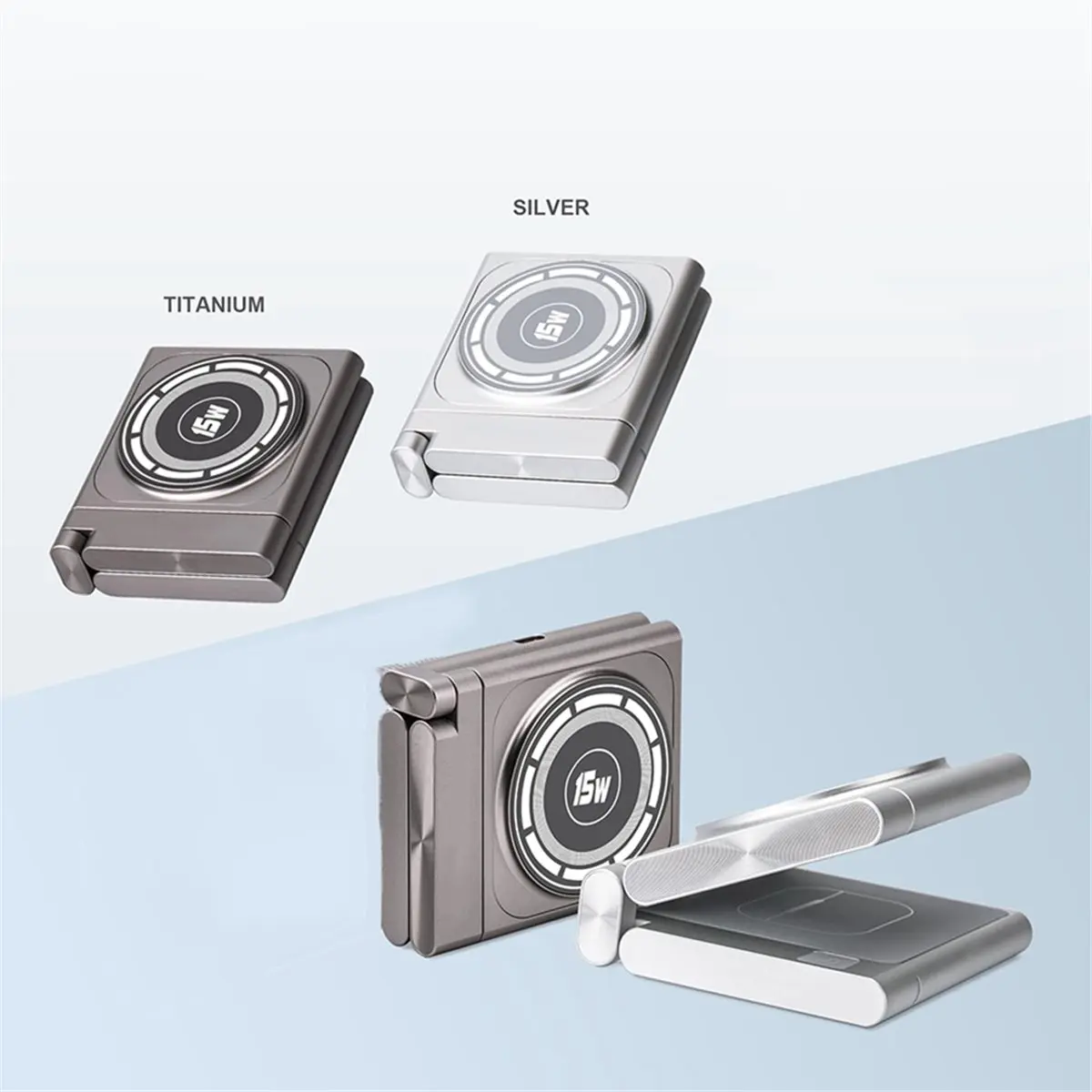 DT81 Fast Wireless Charging Station Foldable for Travel,Modern All Aluminum Alloy Body 4 in 1 Wireless Charger Titanium