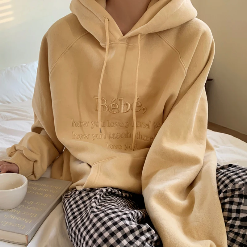 

Women Solid Loose Casual Korean Chic Sweatshirts Autumn Winter 2023 Embroidered Letter Hooded Simple Kawaii Pullover Tops Female