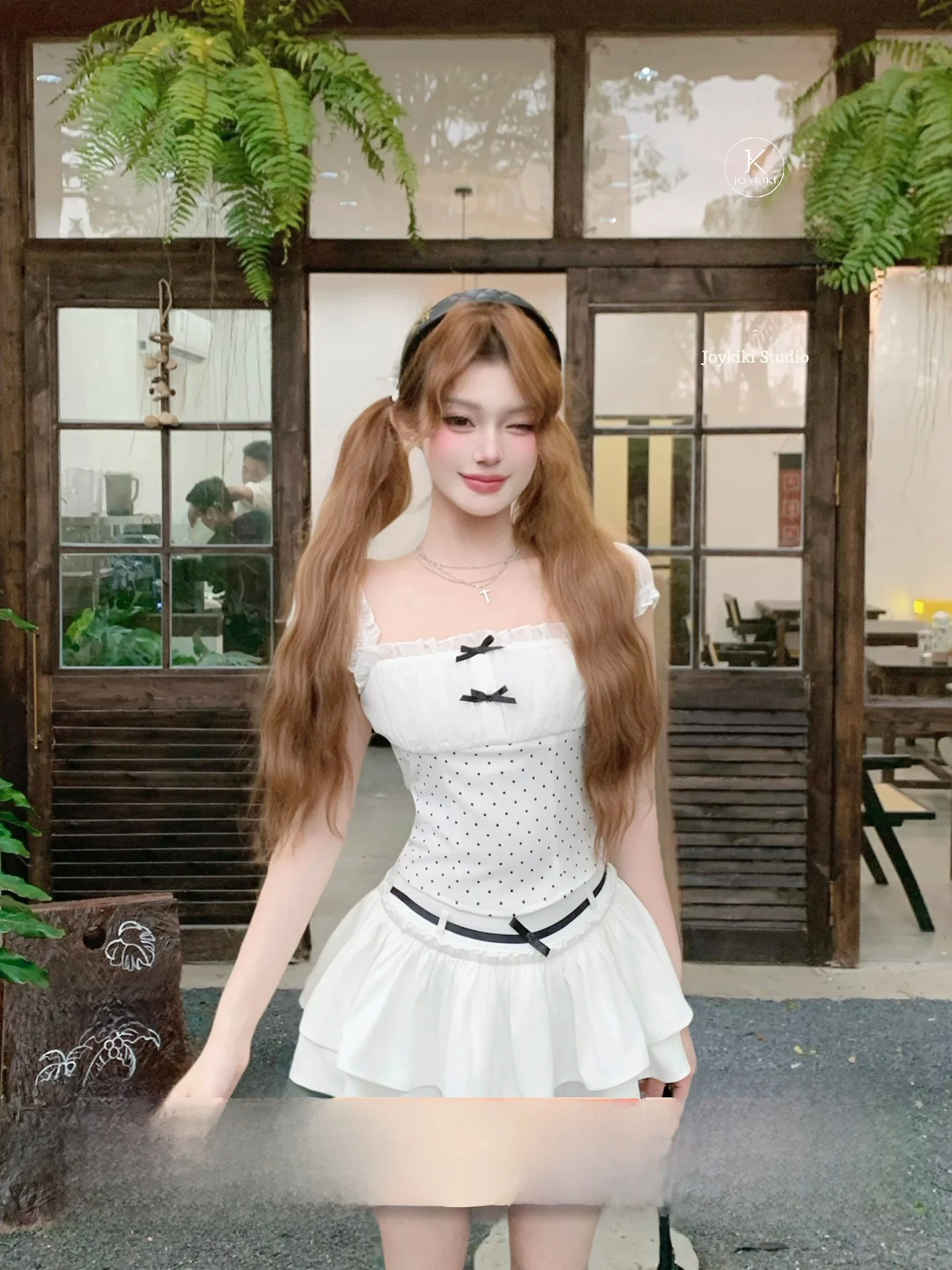 

Joykiki Double Angel Polka Dot Halter Top And High Waist Skirt Set Women's Fashion Summer Outfit Wooden Ruffle Detail