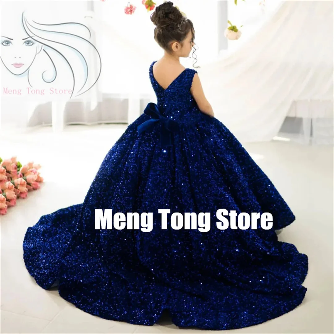 Customized Wedding Prom Birthday Party Flower Girl Dresses Sequin With Bow And Trailing Sleeveless Banquet Princess Gowns