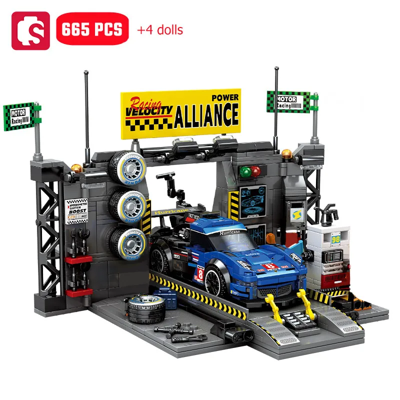 

SEMBO 665pcs Racing Vehicle Supply Station Assemblage Building Blocks Kits MOC Sports Car Model Bricks Kids Toys for Boys Gifts