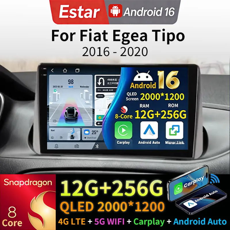 Rádio Automotivo Android 16 para Fiat Egea Tipo 2016-2020 4G LTE GPS Wi-Fi Reprodutor de Vídeo Multimídia DSP Carplay Áudio Estéreo Auto 2din BT