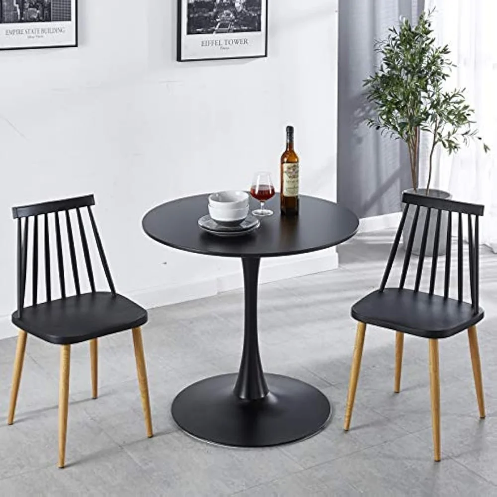 

Modern Black Round Dining Table Kitchen Dining Room Pedestal Tables for 2-4 Simple Office Cafe Conference Table w/Wood