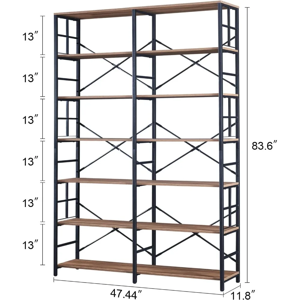 Bookcase, 84" Tall Bookshelves and Bookcases, Industrial Double Wide 7-Tier Bookshelf with Open Shelves, Extra Tall Bookcase