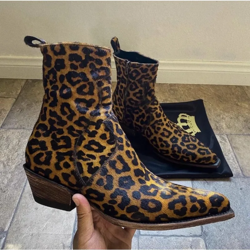 Leopard Print Street Style Men Ankle Boots Pointed Toe Side Zipper Flat with Men Shoes 2024 Fashion Sexy Cool Zapatillas Mujers