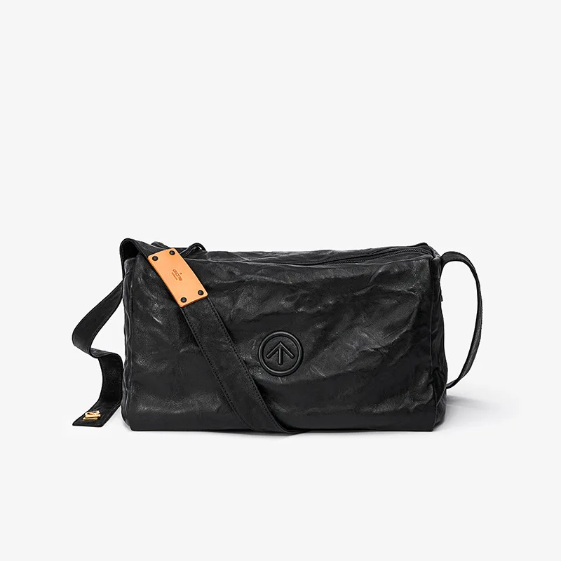 GROTTO Black Stone Bag Classic Vegetable-Tanned Lambskin Large Capacity Single Shoulder Crossbody Soft Bag Commuter Bag
