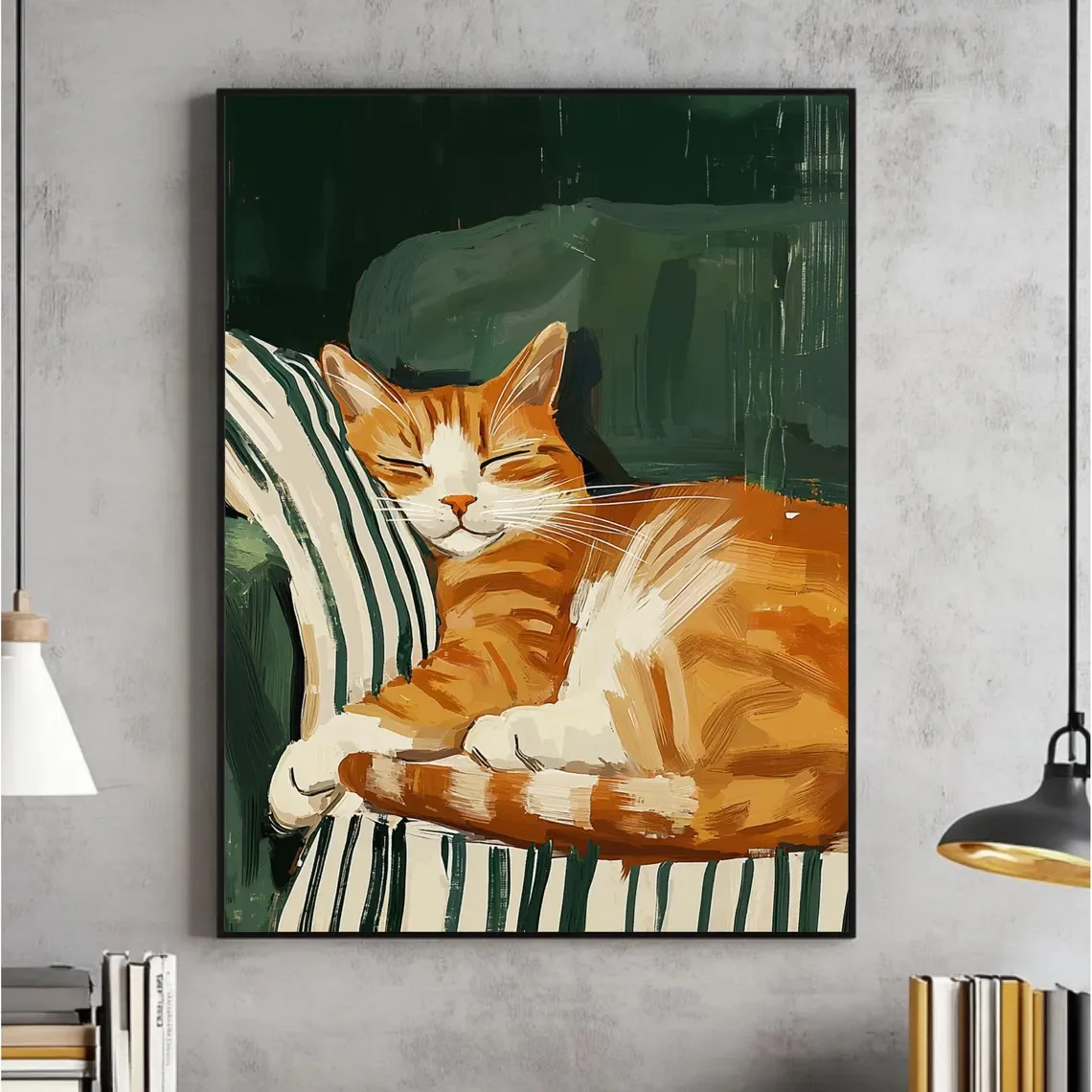 Wall Art Print Unframed Poster Sleeping Cat Contemporary Minimalist Living Room Decor Dark Green Stripe Kitten Digital 128