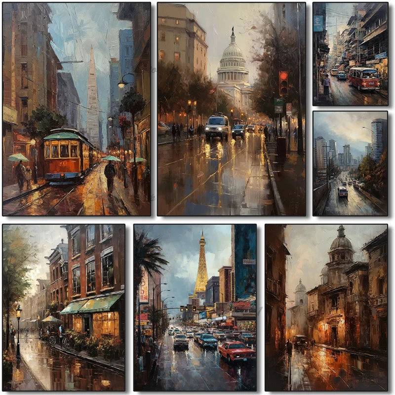 Pintura al Óleo de Paisaje Urbano Clásico 2026, Autobús de Tokio y Londres en una Calle Animada, Lienzo sin Marco – Decoración de Pared para Salón, Regalo