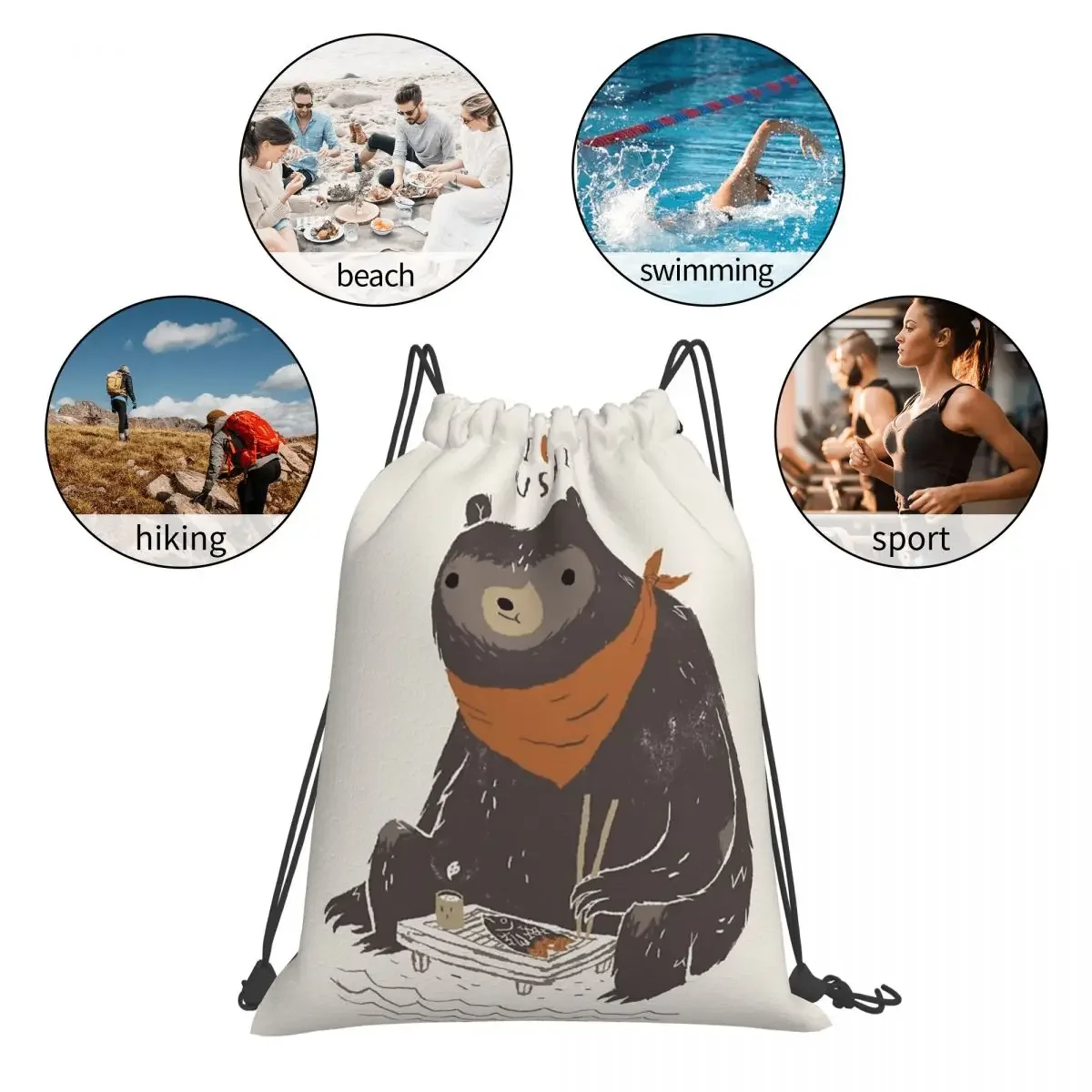 Sushi Bear Backpacks Casual Portable Drawstring Bags Drawstring Bundle Pocket Sports Bag BookBag For Travel Students