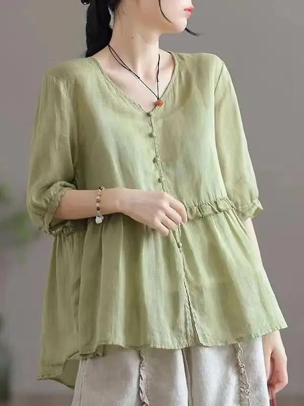 Summer New Style Pure Color Cotton Linen V-neck Shirt Women Loose Fitting Babydoll Top Age Reduction Slimming Wood Grain Ruffle