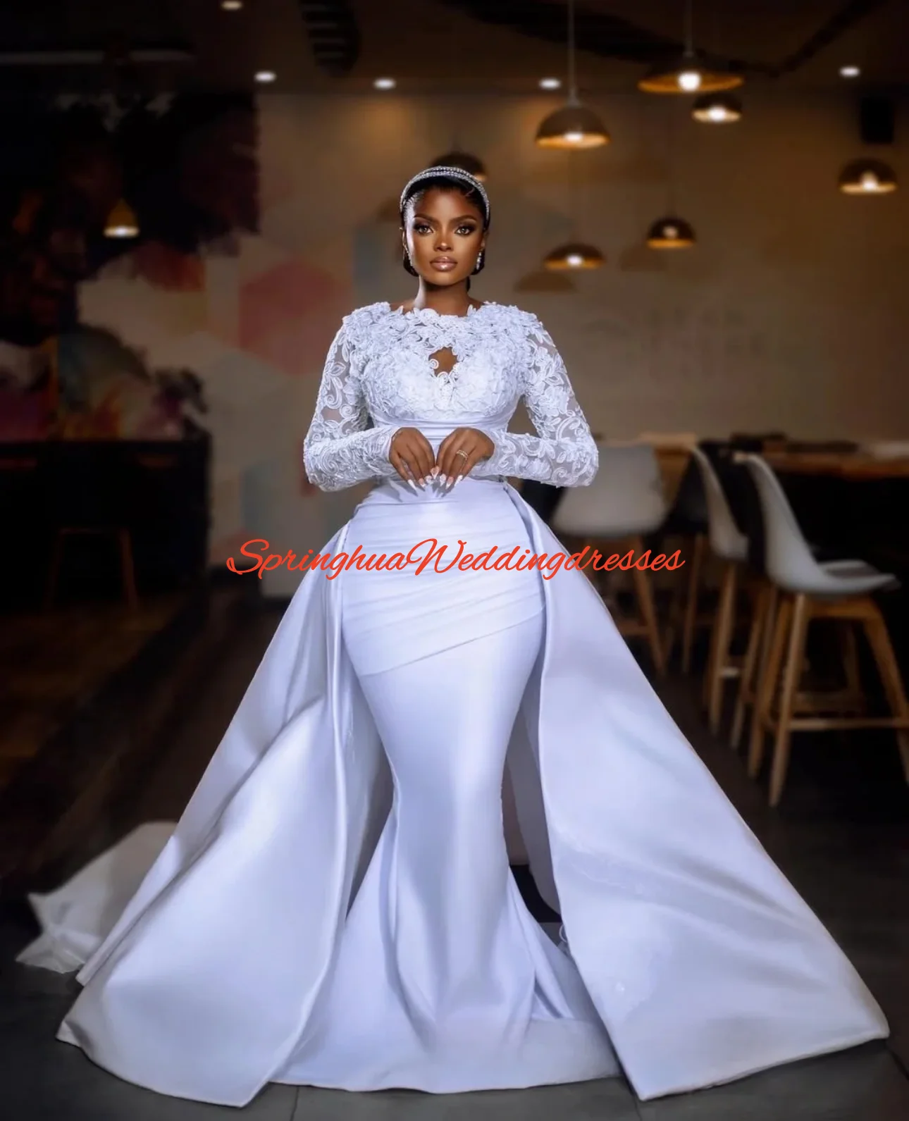 Customized Elegant Bridal Gown Lace Appliques Wedding Dresses with Removable Skirt Illusion Long Sleeves Vestidos De Novia