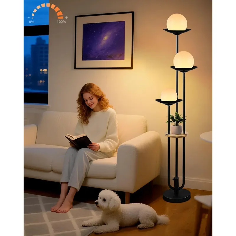63IN Globe Floor Lamp with Table 3-Lights Modern Dimmable Floor Lamps with 3000K Warm White Bulbs for Wedding/Party Black