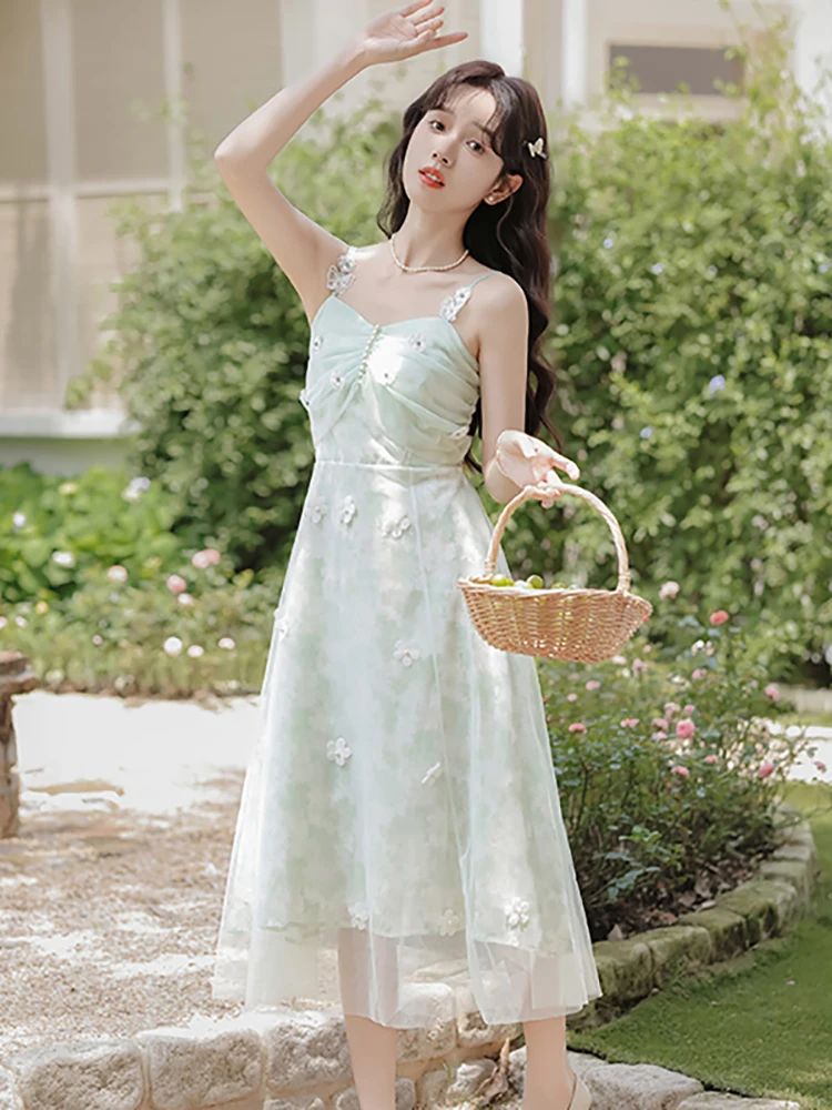 Women Green Floral Chiffon Chic Beading Luxury Sling Dress Summer Elegant Casual Holiday Dress 2025 Korean Fashion Bodycon Dress
