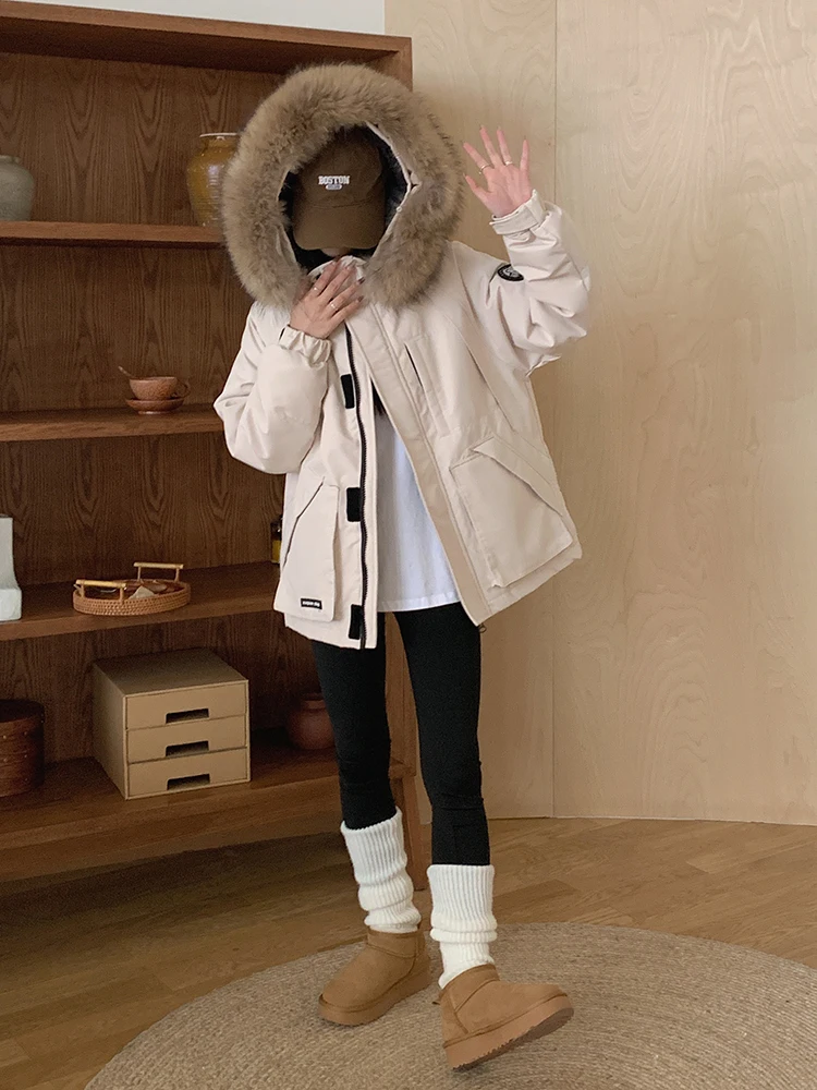 Fashion Winter New Clothing Female White Duck Down Large Fur Collar Hooded Down Jacket Loose Casual Thickened Warm Short Parkas