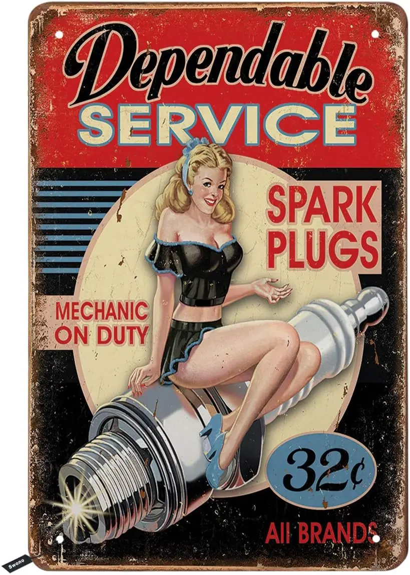 Swono Dependable Service Tin Signs,Sexy Pink Up Girl Sit One Spark Plugs Red Black Vintage Metal Tin Sign For Men Women,Wall Dec