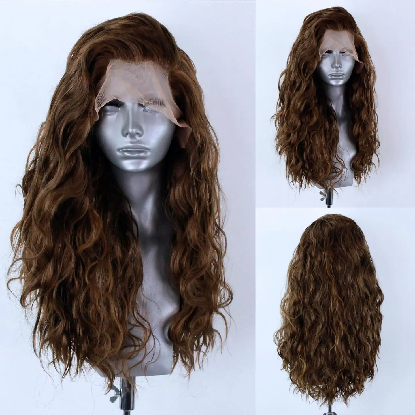 Wig renda rambut coklat untuk wanita, Wig Cosplay serat suhu tinggi tanpa lem 26 inci gelombang air sintetis 13X4