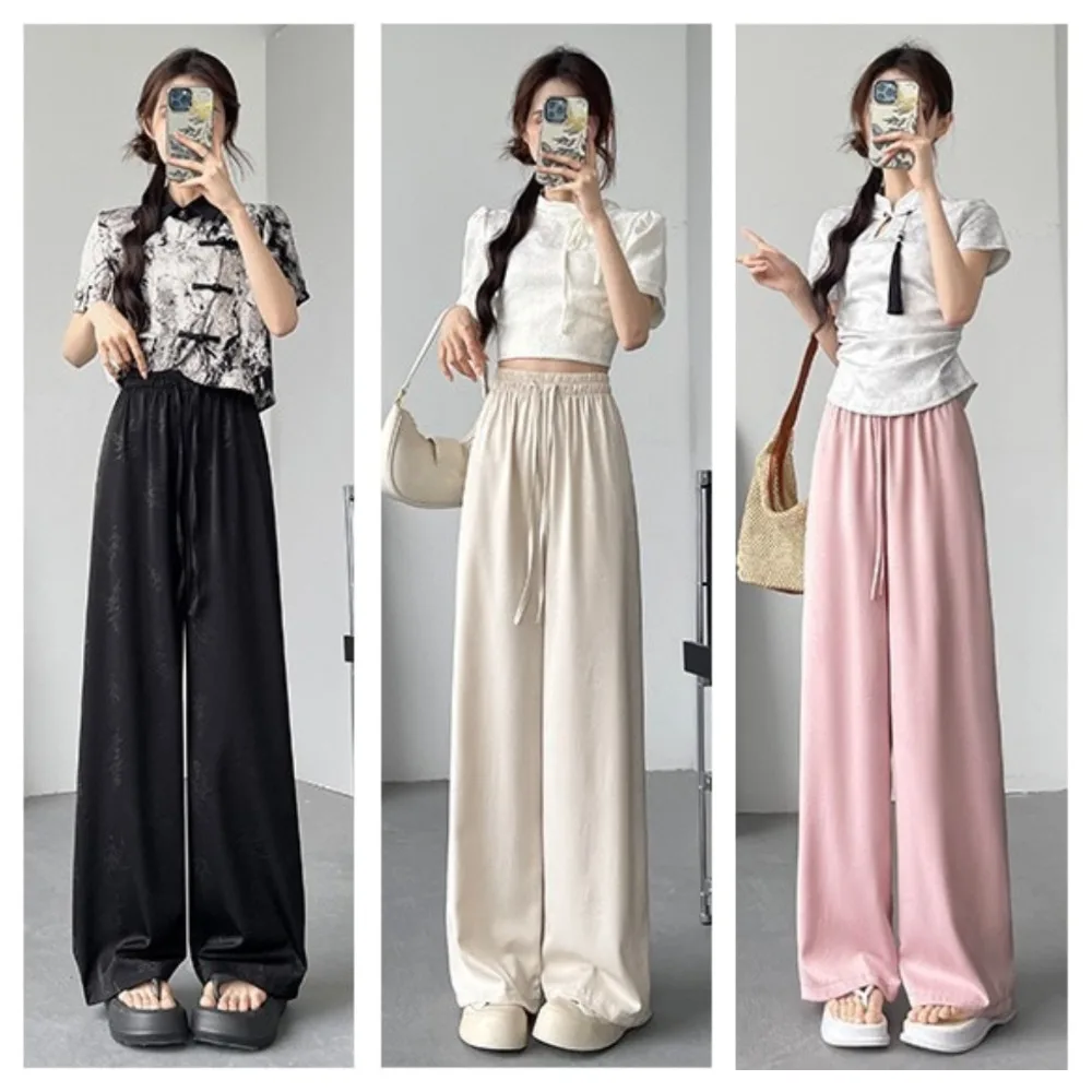 

Casual Jacquard Satin Silk Straight Pants Chinese Style Floral Wide Leg Pants Women Trousers Streetwear High Waist Pants Women