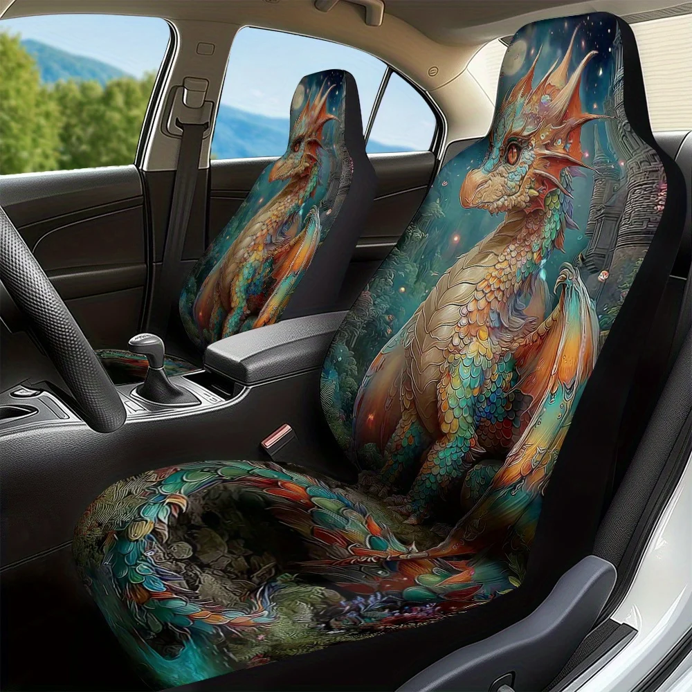 2pcs, Modern Fantasy Dragon Forest Night Sky Print Car Seat Covers, Comfortable And Washable, Universal Fit For Most Vehicles, G