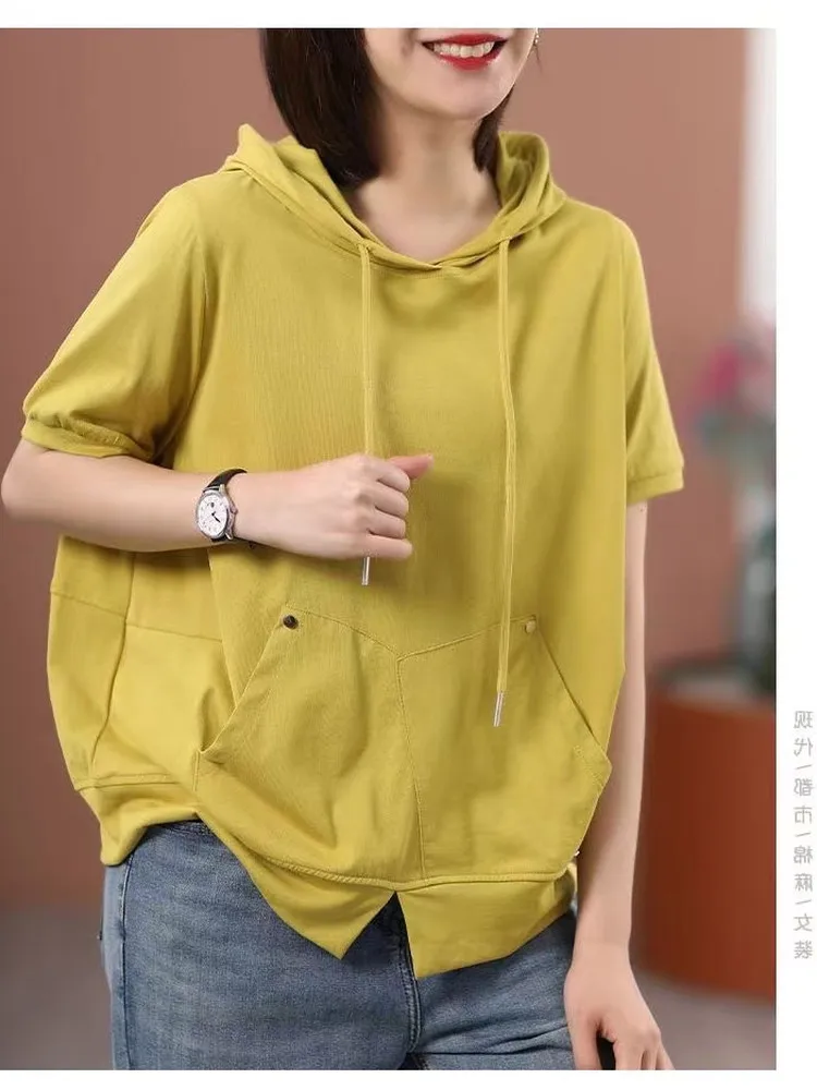 Grande taille décontracté femmes T-irt ort Sve sweat à capuche été ample minceur polyvalent haut à la mode coréen Sle trajet Faion