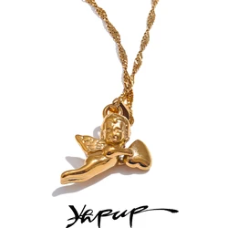 Yhpup Stainless Steel Angel Heart Pendant Expressing Love Blessing Necklace 18K PVD Plated Waterproof Jewelry Gift Accessories